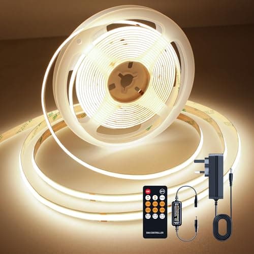 Image of TTWAY COB LED Strip Lights 3000K, Dimmable LED Strip Kit, Super Bright 24V LED Tape Lights CRI90+ with RF Remote and UKCA Power Supply for DIY Home Decoration, 5M, 2400LEDs, Warm White