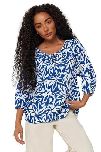 Image of M&Co Petite Leaf Print Tie Neck Linen Blouse - Women's Blue