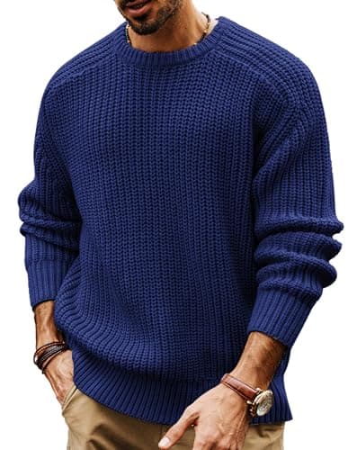 Image of PJ PAUL JONES Men's Crewneck Jumpers Chunky Knit Jumper Long Sleeve Casual Sweater Royal Blue S