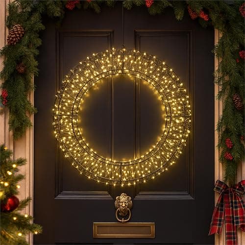 Image of XMAS HAUS Pre Lit Micro LED Wreath with 10% Twinkling LED's 5m Lead, Timer PSU, Hanging Points, Black Wire Frame for Indoor and Outdoor on Doors, Walls, Ceilings. Christmas Decorative Lighting 500mm