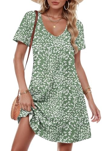 Image of MOLERANI Womens Summer Dresses - Short Sleeve V Neck Midi Dresss for Women with Pockets Olive Green M