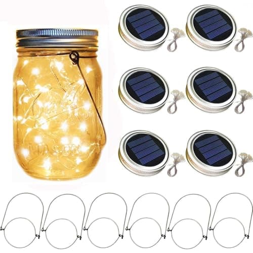 Image of 6 Pack Mason Jar Solar Lights 30 LED Outdoor Solar Firefly Lights Mason Jar Lantern Lid with Hangers Fairy String Lids Lights for Patio Garden Yard Tree(JUST LID)