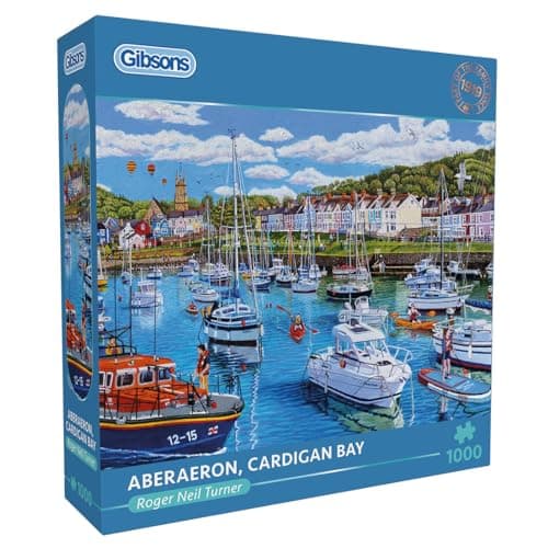 Image of Gibsons Aberaeron Cardigan Bay 1000 Piece Jigsaw Puzzle for Adults - Boats & Wales Landscape Artwork by Roger Neil Turner - Premium Sustainable Puzzle Made in the UK/EU - Great Gift