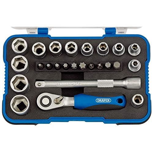 Image of Draper 1/4" 25 Piece Square Drive Metric Socket Set | Micrometre Reversible Hand Tool |Soft Grip Ratchet | 12 Metrics Sockets Mechanics Car Tools | Plastic Storage Case | Hex Bit Adaptor | 16354