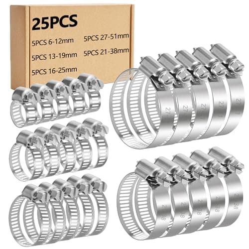Image of YEYIT 25 Pcs Hose Clips, Adjustable 6-51mm Hose Clamps Jubilee Hose Clamp 5 Sizes,Stainless Steel Pipe Clips Assortment, for Water Pipe,Automobile Tubing 6-12/13-19/16-25/21-38/27-51mm