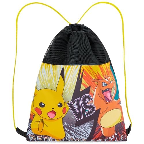Image of Pokemon Drawstring Bags for Kids Teens, Pikachu Swimming Bag String Bag Backpack for School PE Bag Travel Beach Holiday Sports Gym Bag (Black/Yellow)