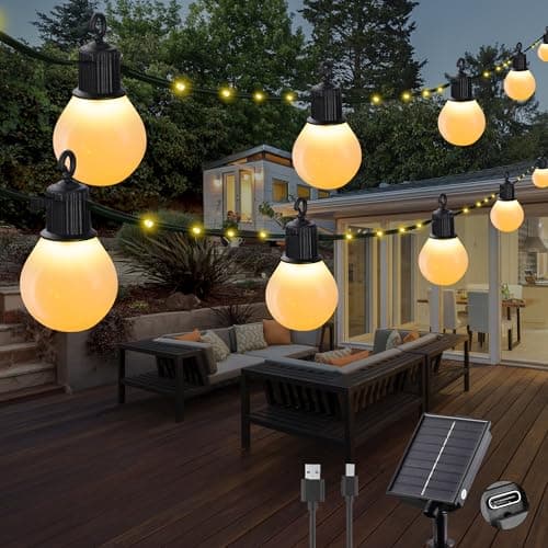 Image of Tacobey Solar String Lights Outdoor Garden - 32.8Ft/10m 100 LED Solar Powered Fairy Lights with 20 Shatterproof G40 Blubs, USB Charging, 8 Modes Waterproof Lights, Garden Camping Decor - Warm White