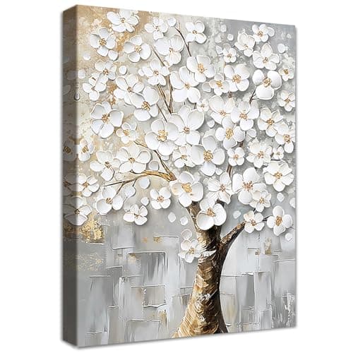 Image of Wooden Framed Canvas Wall Art White Flowers Tree Painting on Canvas Print Poster Abstract Floral Tree of Life Pictures for Living Room Bedroom Home Office Hallway Corridor Wall Decor 30x40cm