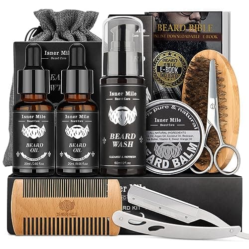 Image of Beard Grooming Kit for Men Care: 9 in 1 Christmas Stocking Fillers for Men Him Dad Husband Boyfriend Birthday Fathers Valentines Day Gifts Set with Beard Oil Brush Balm Shampoo Comb Straight Razor
