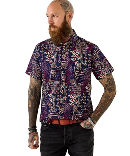 Image of Joe Browns Men's Bandana Patchwork Print Short Sleeve Shirt, Regular, Blue, UK XL
