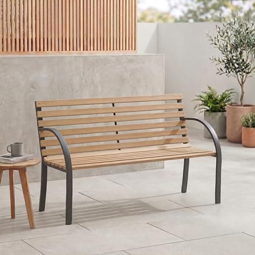 Image of Garden Vida Slatted Garden Bench Wooden Seater Outdoor Furniture Seating Wood Slats Steel Legs Park Patio Seat
