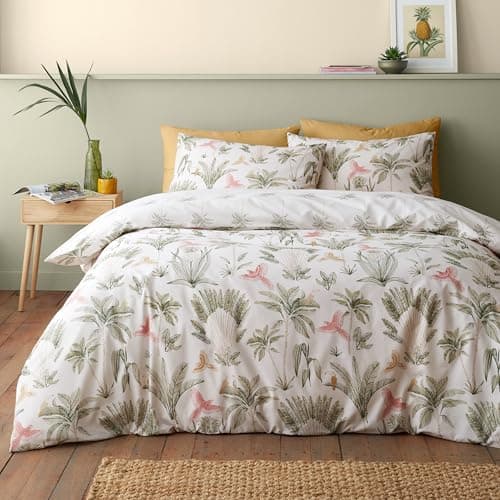 Image of Catherine Lansfield Paradiso Palm Reversible Double Duvet Cover Set with Pillowcases Natural