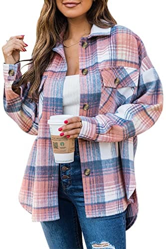 Image of Jhsnjnr Womens Shacket Lapel Button Up Checked Shirts Oversized Long Sleeve Flannel Plaid Jacket
