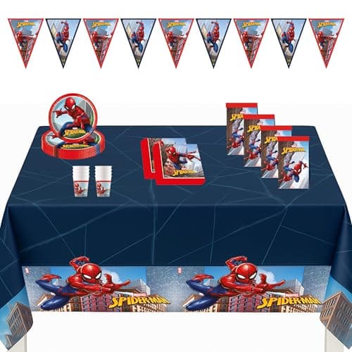 Image of Procos 10215303DY Spiderman Crime Fighter Party Set, 46-Piece Disposable Tableware for Children's Birthday and Theme Party, Table Decoration