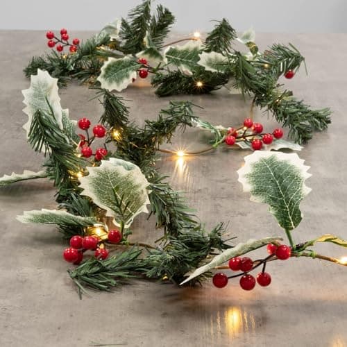 Image of Marco Paul 2m Holly and Berry Christmas Garland with Separate 20 Warm White or Bright White LED Lights - Artificial Leaf Garland - Battery Operated Home Christmas Decorations for Fireplace Stairs
