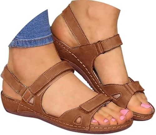 Image of Sandals for Women Size 5, Sandals for Women Shoes Womens Orthopedic Wedge Women's Slides Arch Support Summer Slip on Ladies Wedge Wide Fit Walking Platform Beach Sliders Brown 7