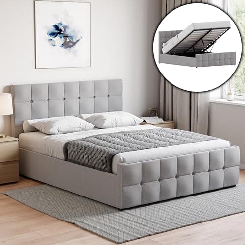 Image of Vida Designs Valentina King Ottoman Storage Bed – Light Grey Linen – Lift-Up Storage Design – 106H x 160W x 217D cm – Gas Lift Mechanism – UKFR Certified