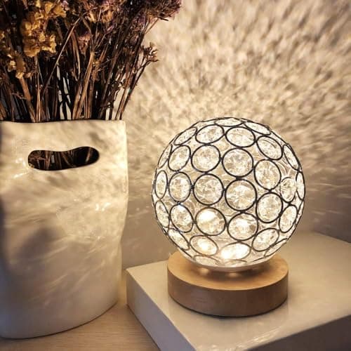 Image of MUCHER Crystal USB Table Lamp Silver Crystal Ball with Wooden Base Bedside Table Lamp Dimmable Modern Night Light for Bedroom, Living Room, Office, Idear for Men Women Teens Children Kids
