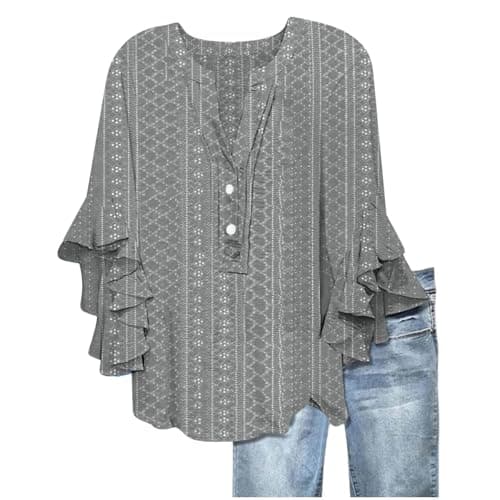 Image of Womens Top Womens Tshirt Sweatshirts Eyelet Hollow Solid Color Chiffon Blouse V Neck Button Up Plus Size Clothes Trendy Pullover Tees Work Tunic Ruffle 3/4 Sleeve