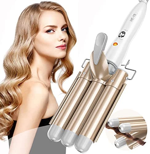 Image of Three Barrel Hair Waver 25MM Big Wave Hair Curling Iron Wand with Two Speed Temperature Control, Ceramic Tourmaline Triple Barrels, Dual Voltage Crimp, Gold