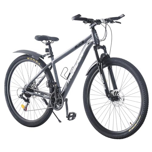 Image of BSTSEL 29 Inch Mountain Bike 17.5 Inch Aluminum Frame With Front Suspension Fork Mountain Bicycle 21 Speeds with Dual Disc-Brake Suitable (Grey, Mudguard style)