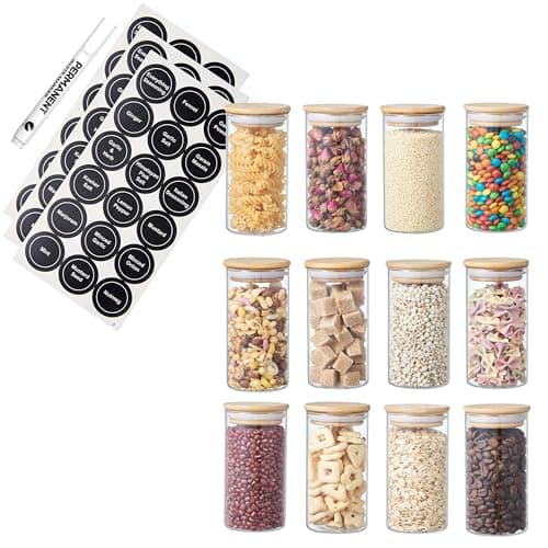 Image of ORNAMI Small Glass Food Jar with Natural Bamboo Lid and Silicone Ring for Airtight Sealing, Little Clear Canister Jar for Kitchen Storage, for Grains, Seeds, Salt, Pepper, Spices - Set of 12 (300ml)