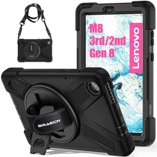 Image of BRAECN Case for Lenovo Tab M8 HD 3rd Gen/2nd Gen 8 Inch 2022/2019, Sturdy and Durable Shockproof Protective Cover with 360°Rotating Hand Strap/Stand and Shoulder Strap TB-8506F/8505X/8505F