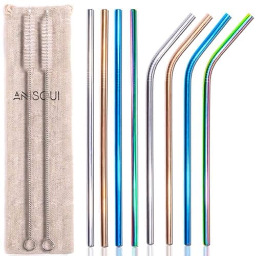 Image of AniSqui Set of 8 Metal Straws and Cleaner Brushes, 21.5cm Length with 6.5mm Diameter Coloured Stainless Steel Straws Drinking Reusable (4 Straight + 4 Bent), with Cottonstorage Bag Perfect for Travel