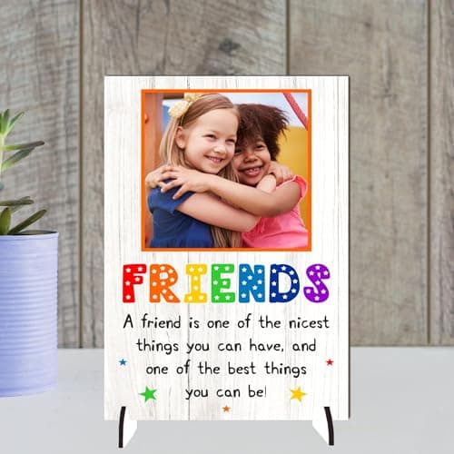 Image of Pixie's Gifts Colourful Friends Freestanding Plaque with Photo – A Celebration of Friendship | Custom Photogragph Gift for Kids, Friendship Keepsake, Bestie Decor Sign (MDF Wood - A5-21cm x 14cm)