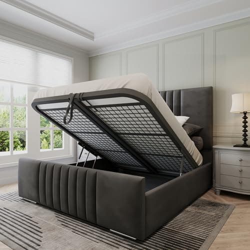 Image of Furnishion Havana King Size Bed Frame with Storage, Modern Velvet Ottoman King Size Beds with storage, Luxury Panelled Frame with Metal Mesh Base & 48" Headboard, Storage Bed in Steel Plush