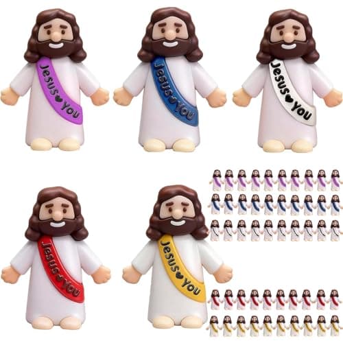 Image of EujRcf 50 Pack Mini Jesus Figures, Mini Jesus Statue, Religious Tiny Cute Jesus Doll, Religious Party Favors for Sunday School, Baptism Gifts, Jesus Gifts,Jesus Statue Decorations, 5 Colors, 10 Each