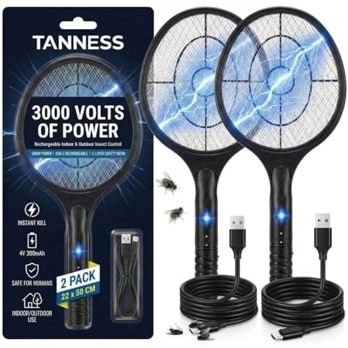 Image of Tanness 1-Pack 3000V Rechargeable Electric Fly Zapper Racket, 22 x 50 cm, USB-C Charging, 4V 300mAh Battery, Indoor and Outdoor Use, 3-Layer Safety Mesh