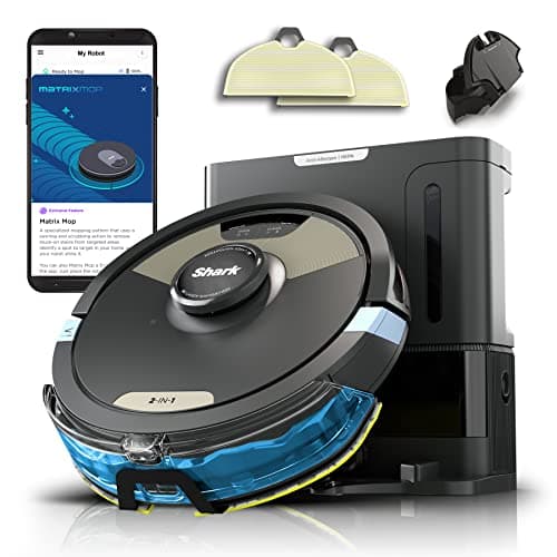 Image of Shark Robot Vacuum & Mop Combo, Powerful Suction, Matrix Plus, 60-Day Debris Capacity, HEPA Bagless Self Empty Base, Sonic Mopping, Home Mapping for Pet Hair, Carpets & Hardfloor, Black/Gold, AV2610WA
