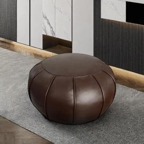 Image of Louis Donné Premium Artisanal Leather Pouffe, Handmade Unstuffed Ottoman Pouf Cover, Footstool, Round Pouffe Foot Stool Floor Cushion ONLY COVER（dark brown）