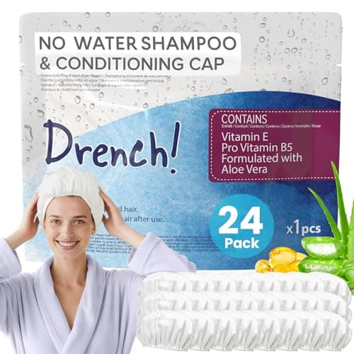Image of Drench! Medical No Water Rinse Free Shampoo Caps [24-Pack] - Waterless Shampoo and Conditioner - Dry Hair Wash Caps for Elderly or Bedridden - Contains Aloe Vera, Vitamin E and Provitamin B5