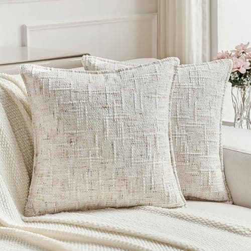 Image of FUTEI Set of 2 Soft Tweed Chenille 50cm x 50cm Cushion Covers Farmhouse Micro-Check Textured Scatter Pillow Covers 50 x 50 cm Vintage Accent for Sofa Bed Living Room, Cream