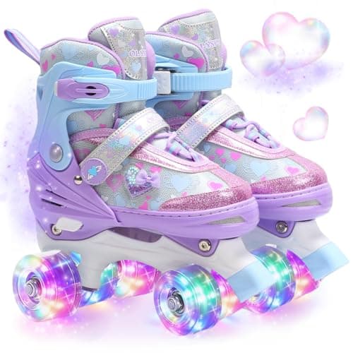 Image of OLYSPM Kids Roller Skates for Girls with All-Over Dreamy Hearts & Luminous Wheels, Adjustable 4 Sizes,Quad skates for Beginners,Best Gifts for Birthdays Christmas?(Purple,M)