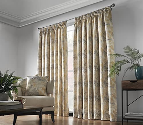 Image of Alan Symonds Fiji Ochre Pencil Pleat Taped Top Curtains Pair Fully Lined Floral, 117_x_137_cm