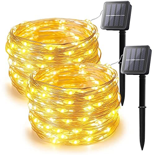 Image of woohaha Solar String Lights, 100 LED Copper Wire Lights, Waterproof Fairy Decoration Starry String Lights - 8 Modes, Indoor/Outdoor for Gardens, Patios, Homes, Parties, Warm White 2 Pack