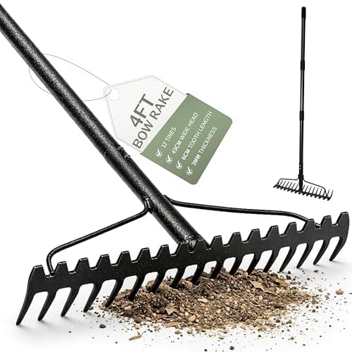 Image of Pelle & Sol Heavy Duty Bow Rake 17 Tine Metal Garden Rake with Stainless Steel Handle, Iron Head for Gardening, Yard Work, Soil, Gravel, Lawn Levelling and Landscaping (4ft)