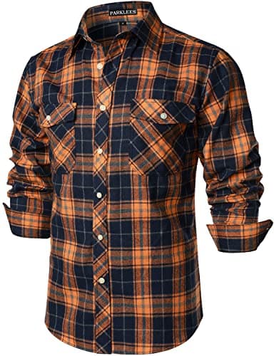 Image of PARKLEES Men's Casual Regular Fit Button Up Flannel Checked Plaid Shirts with Pockets PZLCL41 Orange XL