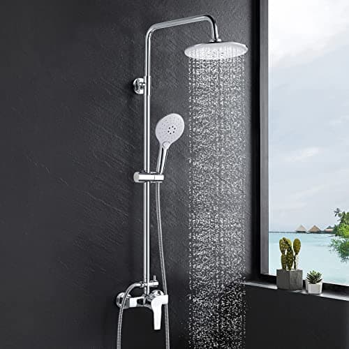 Image of kisimixer Shower System with Diverter Chrome, Shower Mixer Set with 21cm Round Overhead Rainfall Shower Head, 3-Function Handheld Shower, Riser Rail, Adjustable Height Anti Scald Shower Set