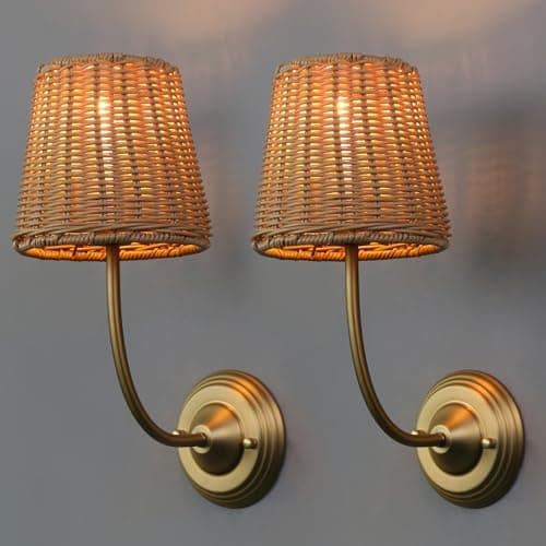 Image of Yosoan 2 Pack of Vintage Artificial Rattan Wall Lights,Industrial Wall Lamp for Bedroom Living Room Hallway (Antique)