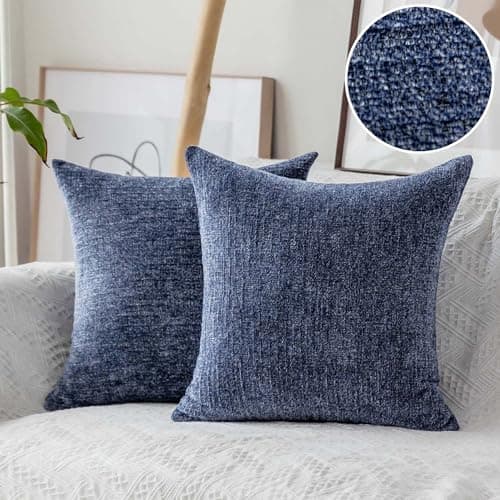 Image of Home Brilliant Dark Blue Decor Supersoft Chenille Cushions 45cm x 45cm, Plush Textured Velvet Cushion Covers for Sofa Couch Bench, 2 Packs, 45x45cm, 18 inch, Dark Blue