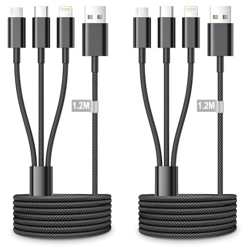 Image of Multi Charger Cable 3 in 1, 1.2M 2 Packs Fast Charging Cable 3A Nylon Braided Cord with iP Micro USB Type C Lightning Connector for Phone, Samsung Galaxy S25 S24, Sony, Moto, LG, PS5