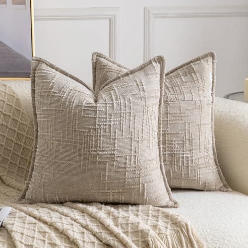 Image of Madizz Decorative Chenille Cushion Covers 50x50 cm Taupe Pack of 2 Throw Pillows for Couch Sofa Boho Accent Pillow Cases for Bed Cushion for Bedroom Living Room Modern Home Decor