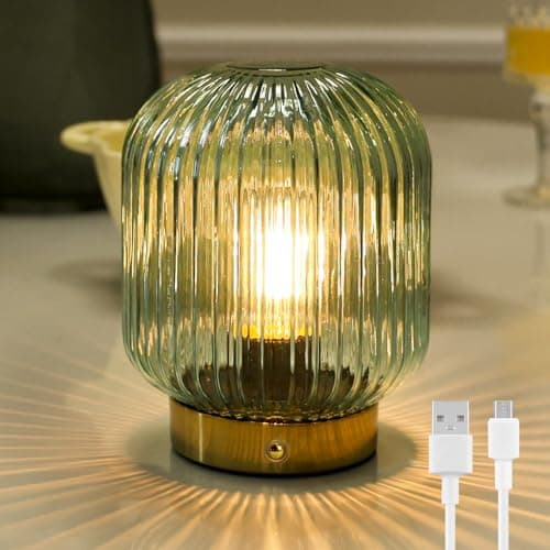 Image of MJ PREMIER Rechargeable Table Lamp, Green Glass Lamps with Memory Function, Cordless LED Lamp with Dimmable Brightness, Decorative Touch Lamps for Bedroom Living Room