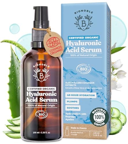 Image of BIONOBLE Hyaluronic Acid Serum for Face Certified Organic - Hydrating, Anti Aging, Wrinkle - Face Serum for Women Mature Skin and All Types - Vegan Pure Hyaluronic Acid - Glass Bottle, Pump - 100ml