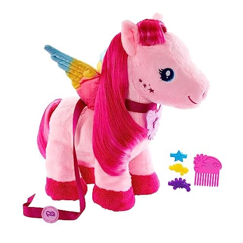 Image of Mattel Barbie A Touch of Magic Stuffed Animals, Walk & Flutter Pegasus Plush, 11-inch Walking Plushie with Hair Accessories and Sound Feature, HPJ50