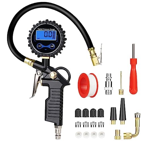 Image of URAQT Digital Tyre Inflator Pressure Gauge with LCD Display, Heavy Duty Air Tool with Rubber Hose and Quick Connect Coupler